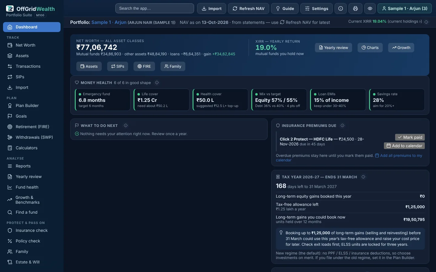 OffGridWealth dashboard in the dark theme on a PC