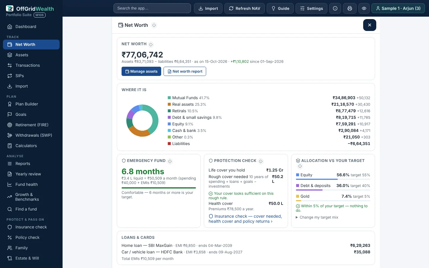OffGridWealth net worth screen: everything you own, minus every loan